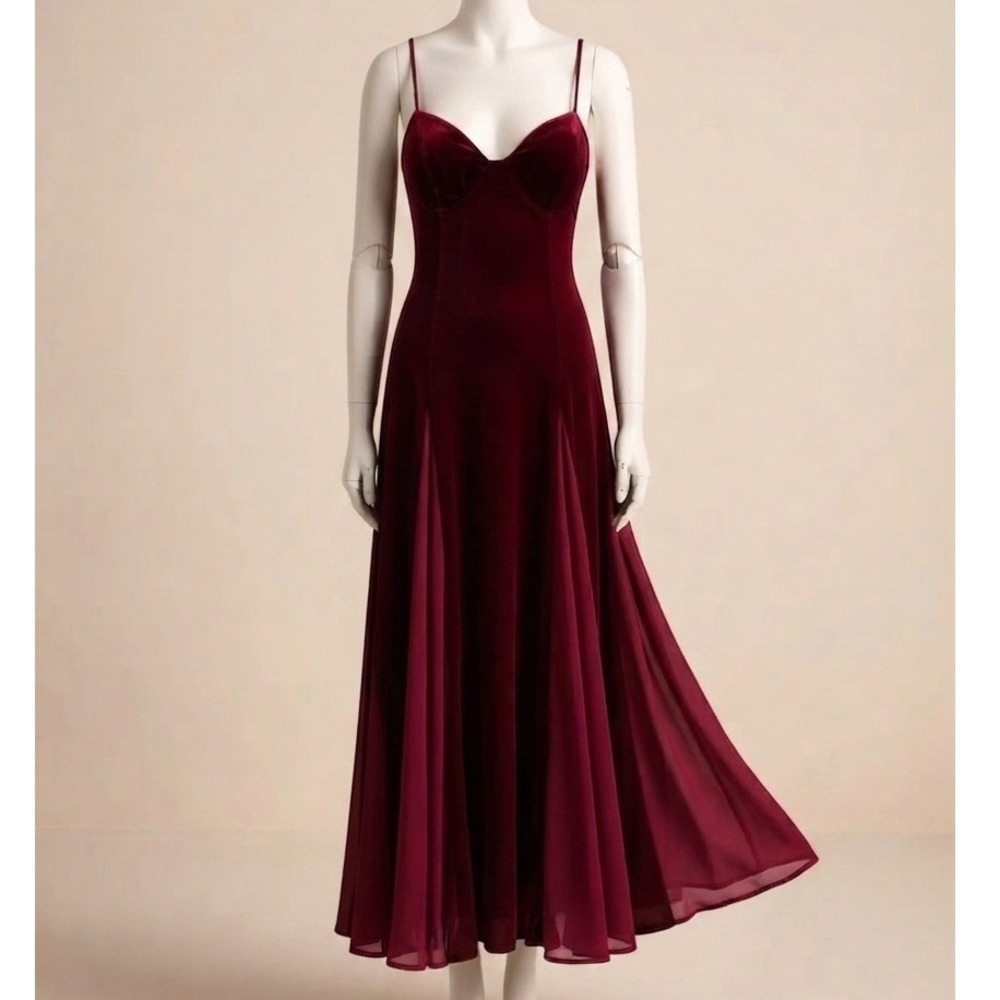 Lulus Burgundy Velvet Maxi Dress Sweetheart Chiffon Godet Inset Evening Gown L